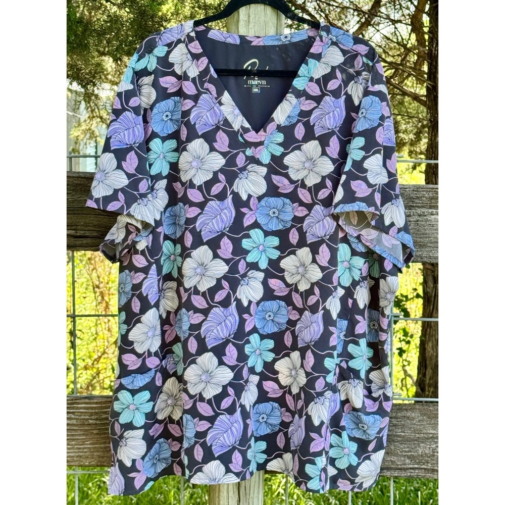 Maevn Prints Floral Scrub Top Blue Purple V-Neck Medical Uniform 5XL RN131731